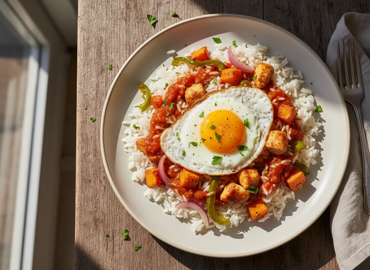 Reisgericht mit Hähnchen, Gemüse und Spiegelei photo