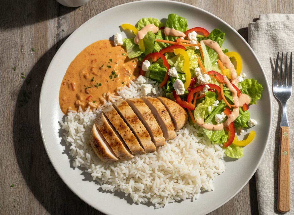 Reisgericht mit Hähnchen, Sauce und Salat photo