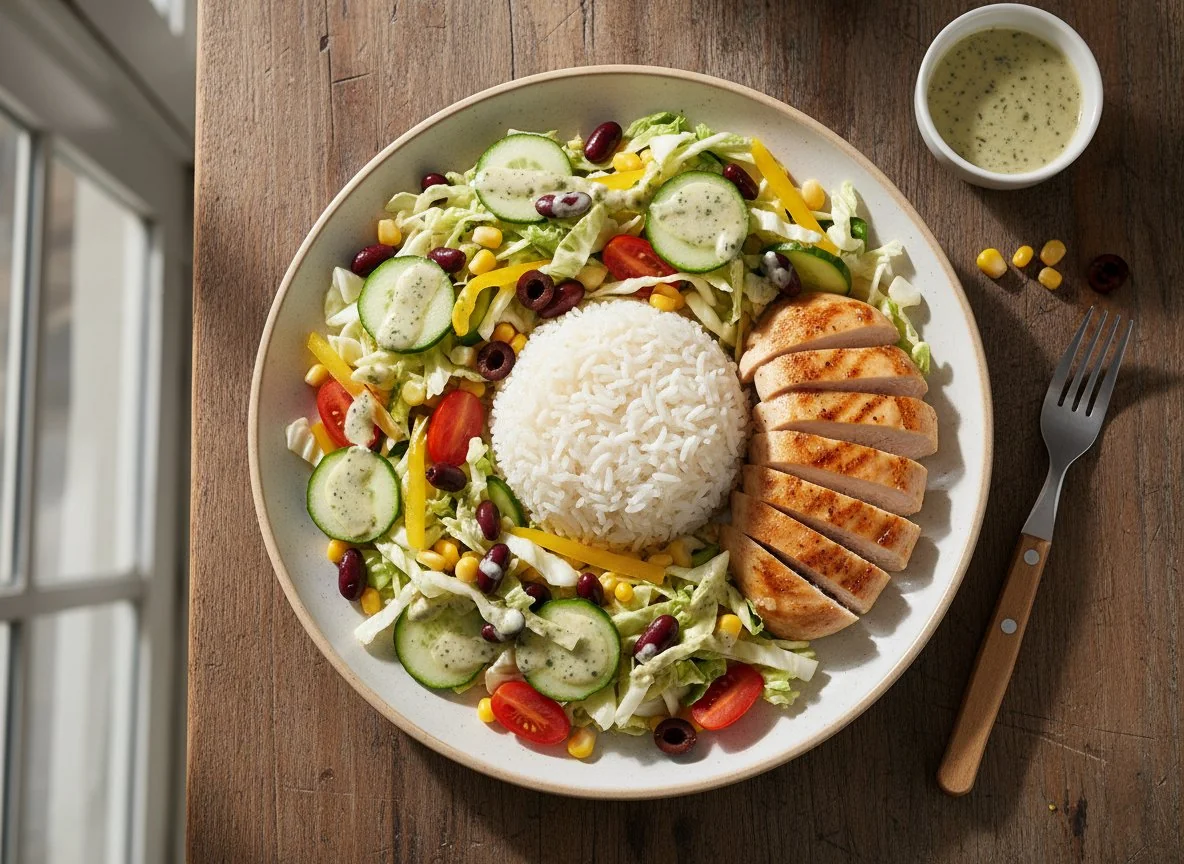 Reisgericht mit Hähnchen und gemischtem Salat photo