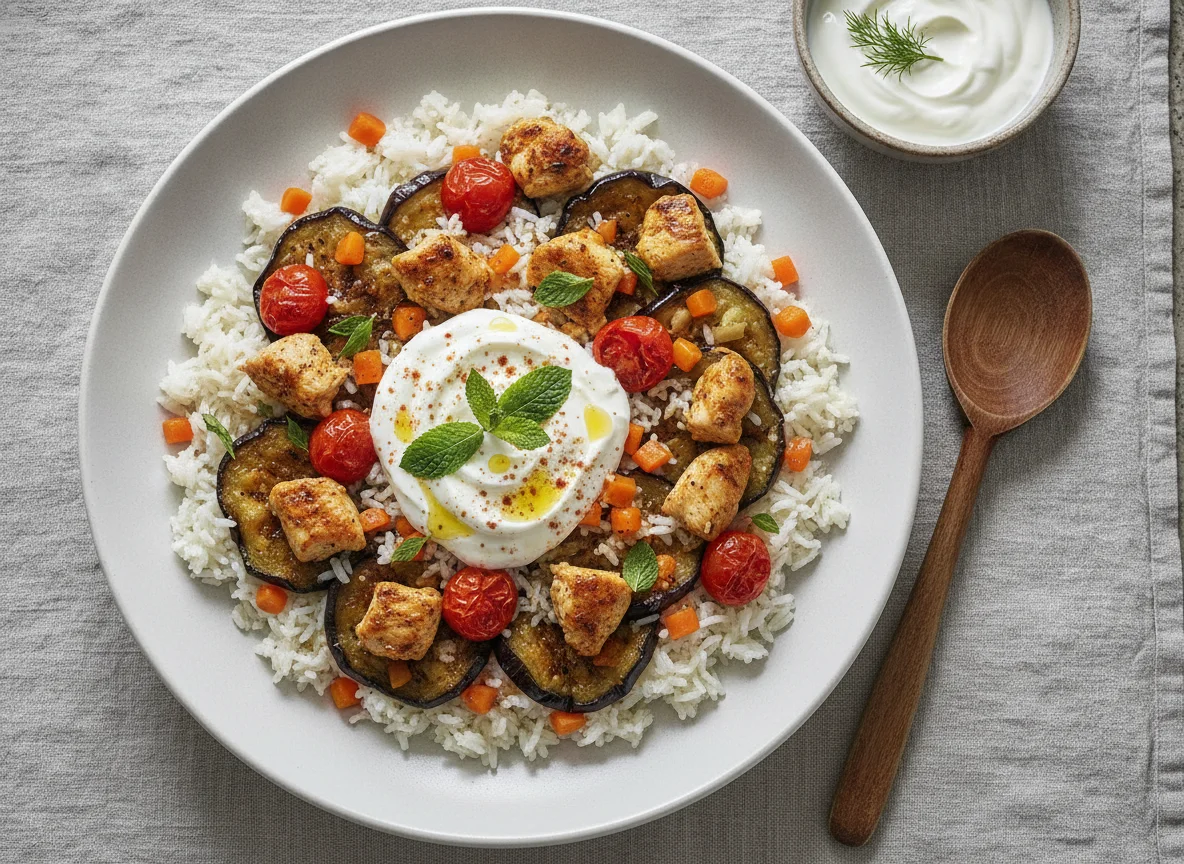 Reisgericht mit Huhn, Aubergine, Tomate und Joghurt photo
