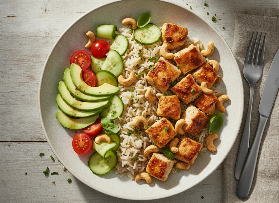 Reisgericht mit Huhn, Avocado und Cashewkernen photo