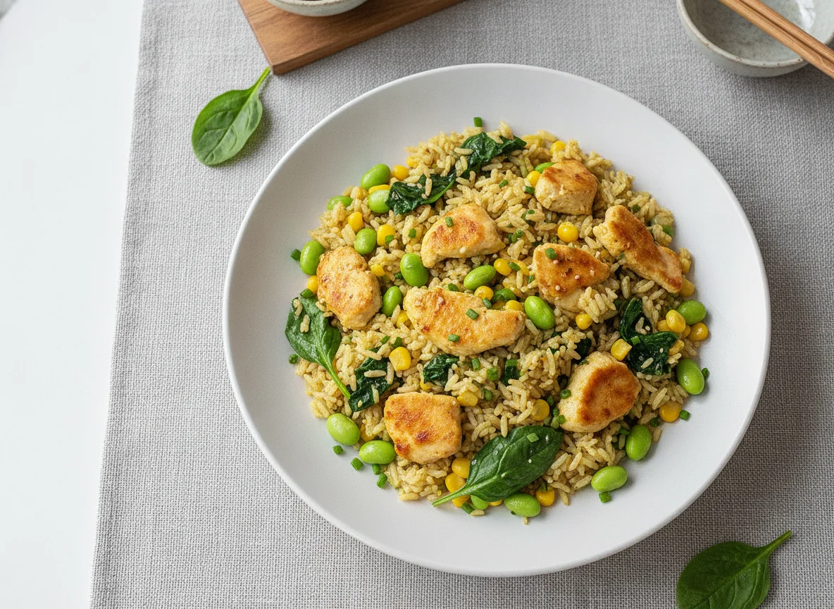 Reisgericht mit Huhn, Edamame und Mais photo