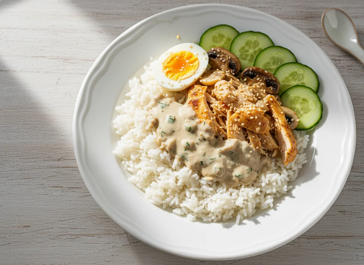 Reisgericht mit Huhn, Ei, Pilzen und Gurke photo