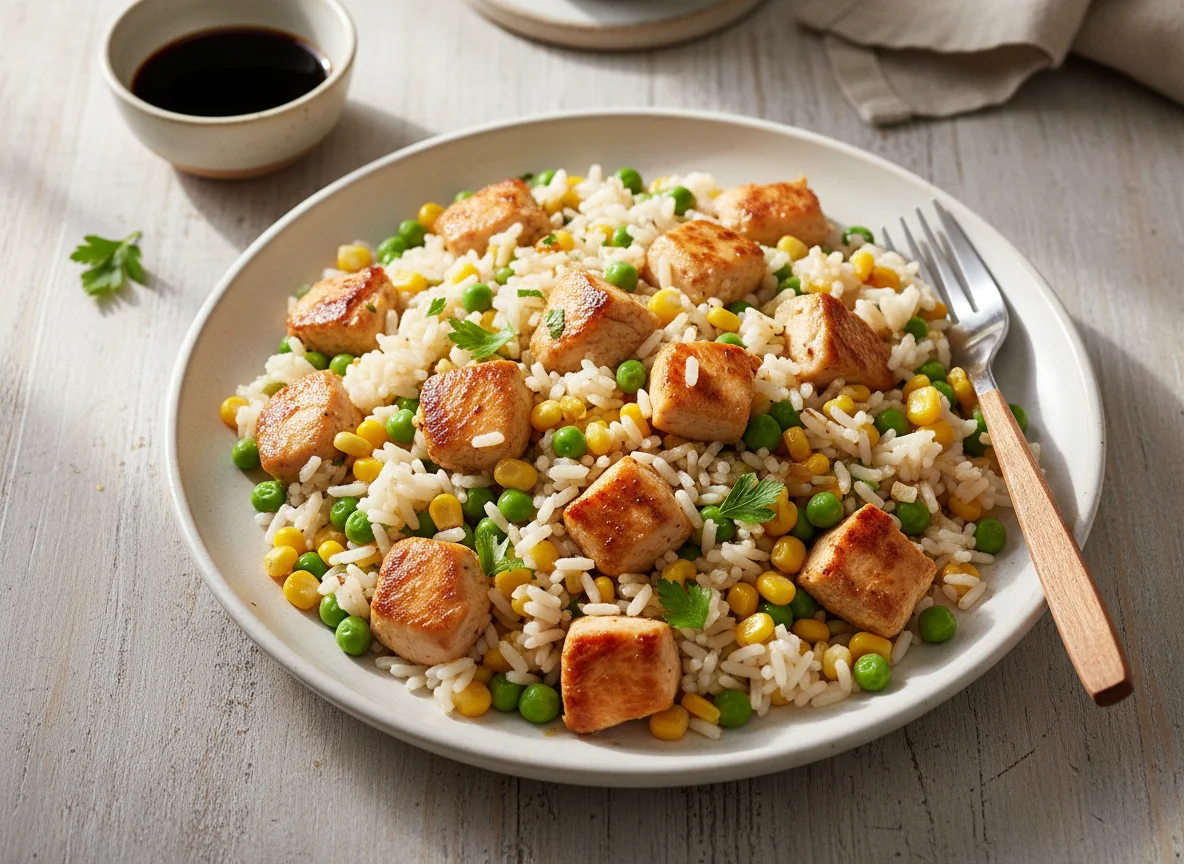 Reisgericht mit Huhn, Erbsen und Mais photo