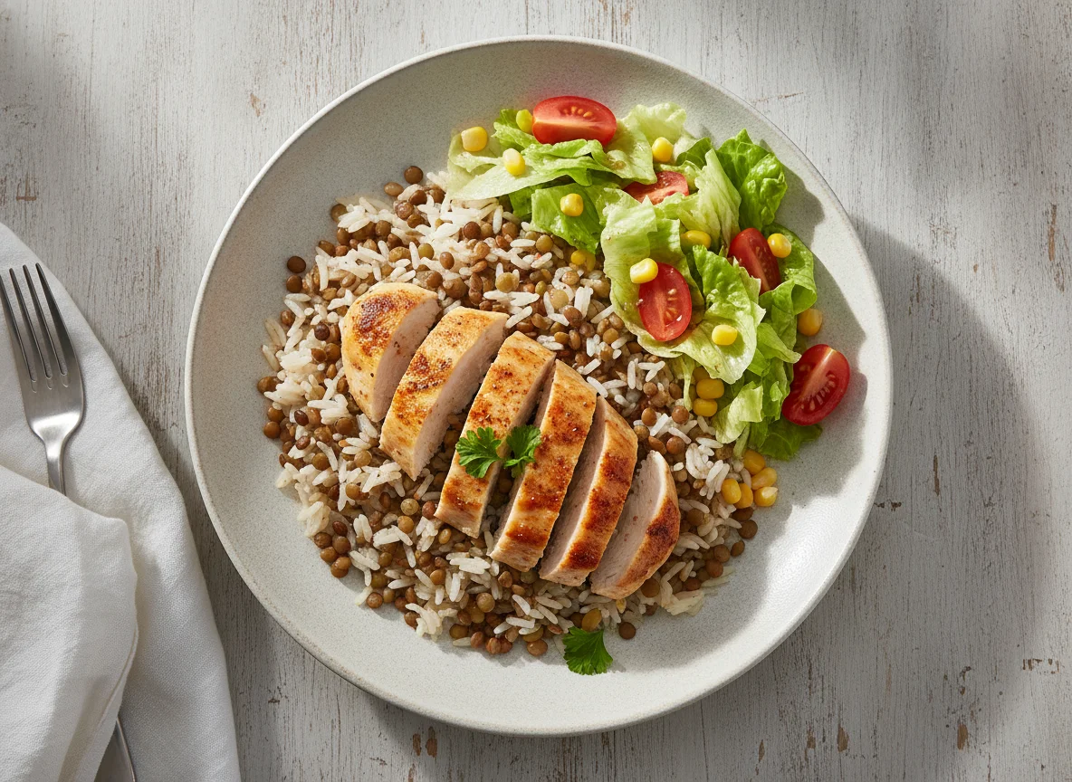 Reisgericht mit Huhn, Linsen und Salat photo