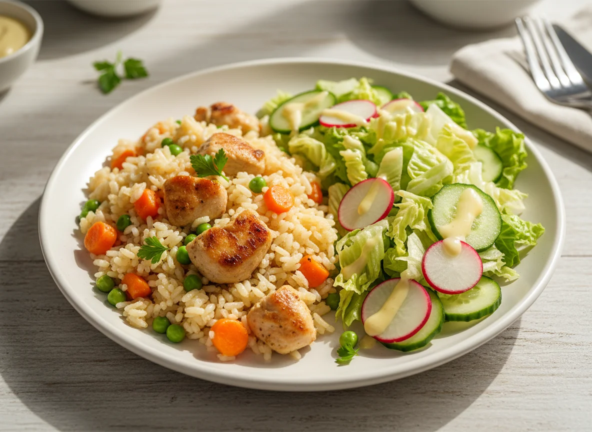 Reisgericht mit Huhn und Beilagensalat photo