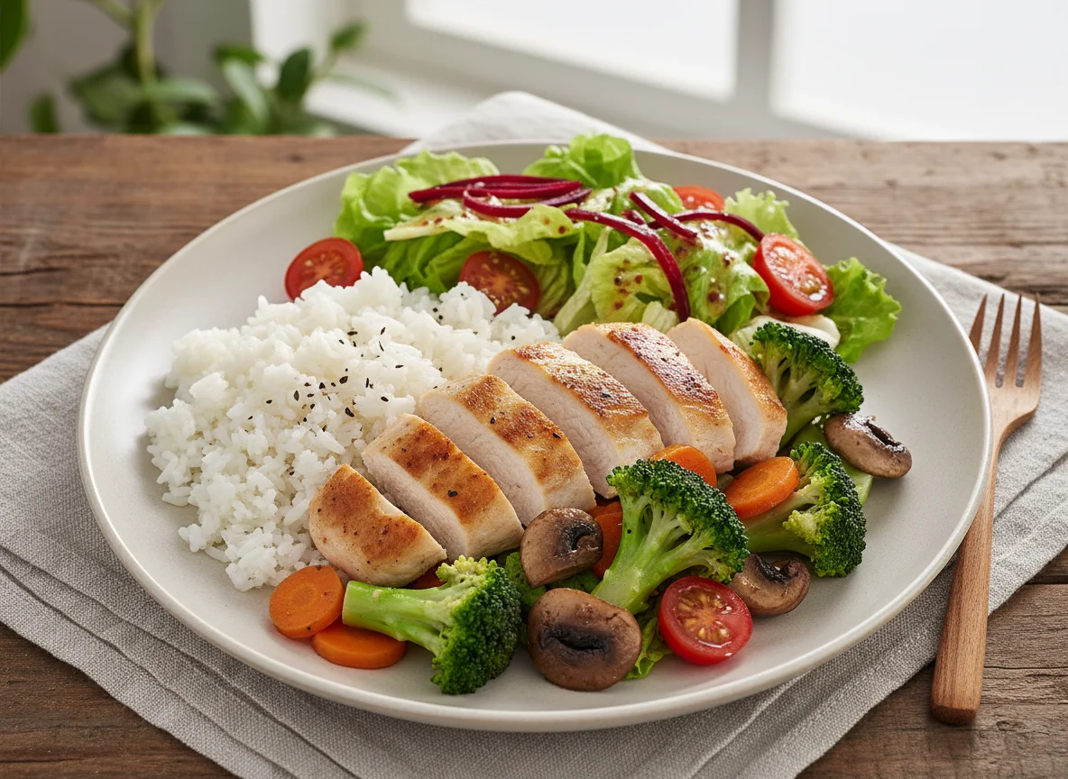 Reisgericht mit Huhn und Brokkoli, dazu Beilagensalat photo