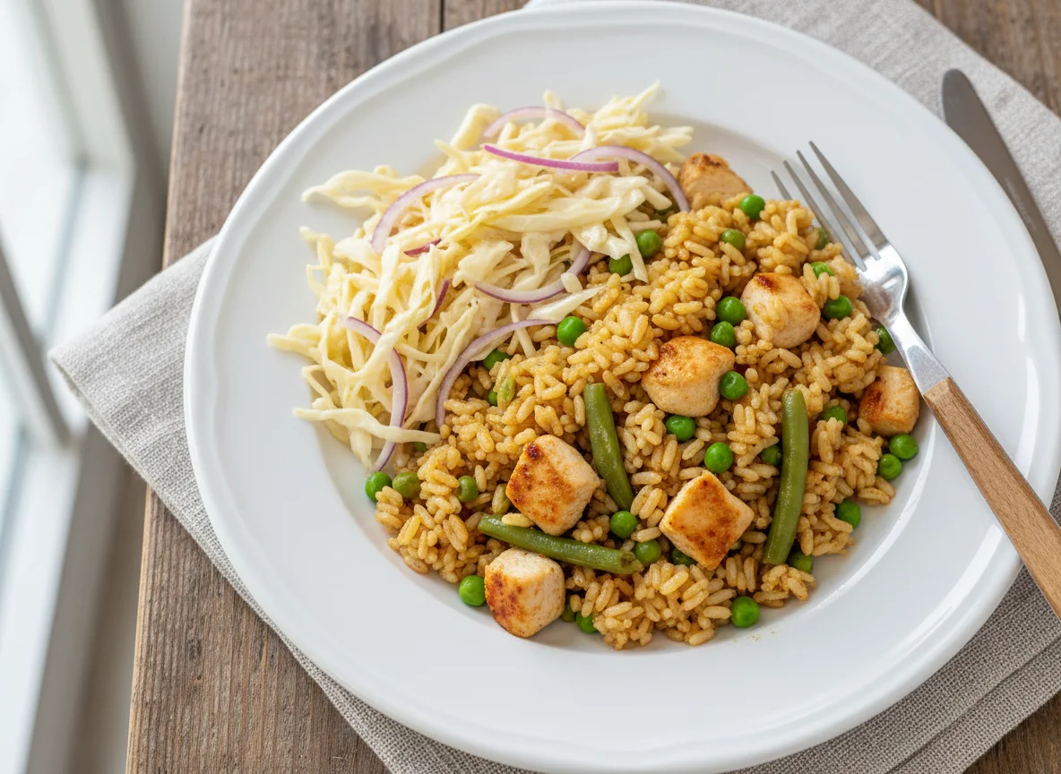 Reisgericht mit Huhn und Erbsen, dazu Krautsalat photo