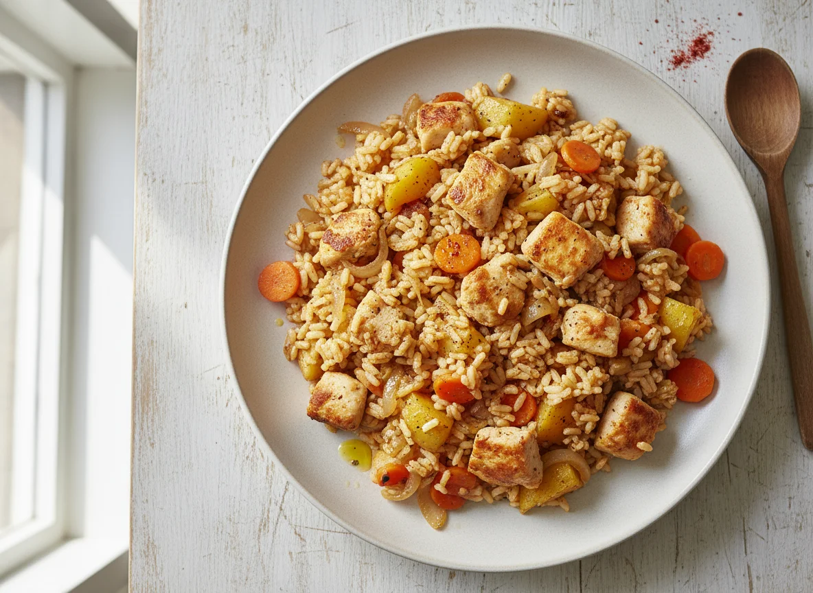 Reisgericht mit Huhn und Kartoffeln photo