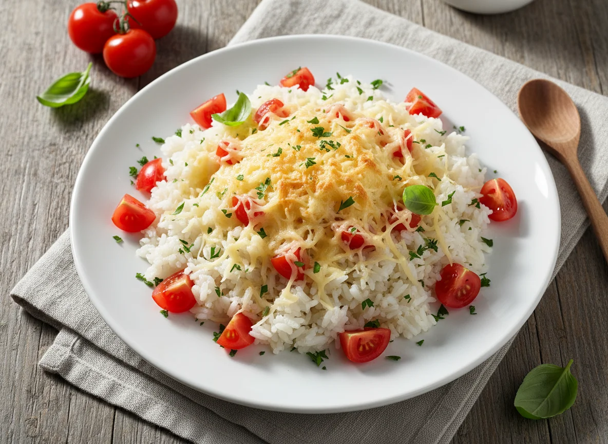 Reisgericht mit Käse und Tomaten photo