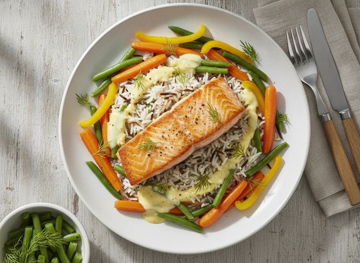 Reisgericht mit Lachs und Gemüse photo