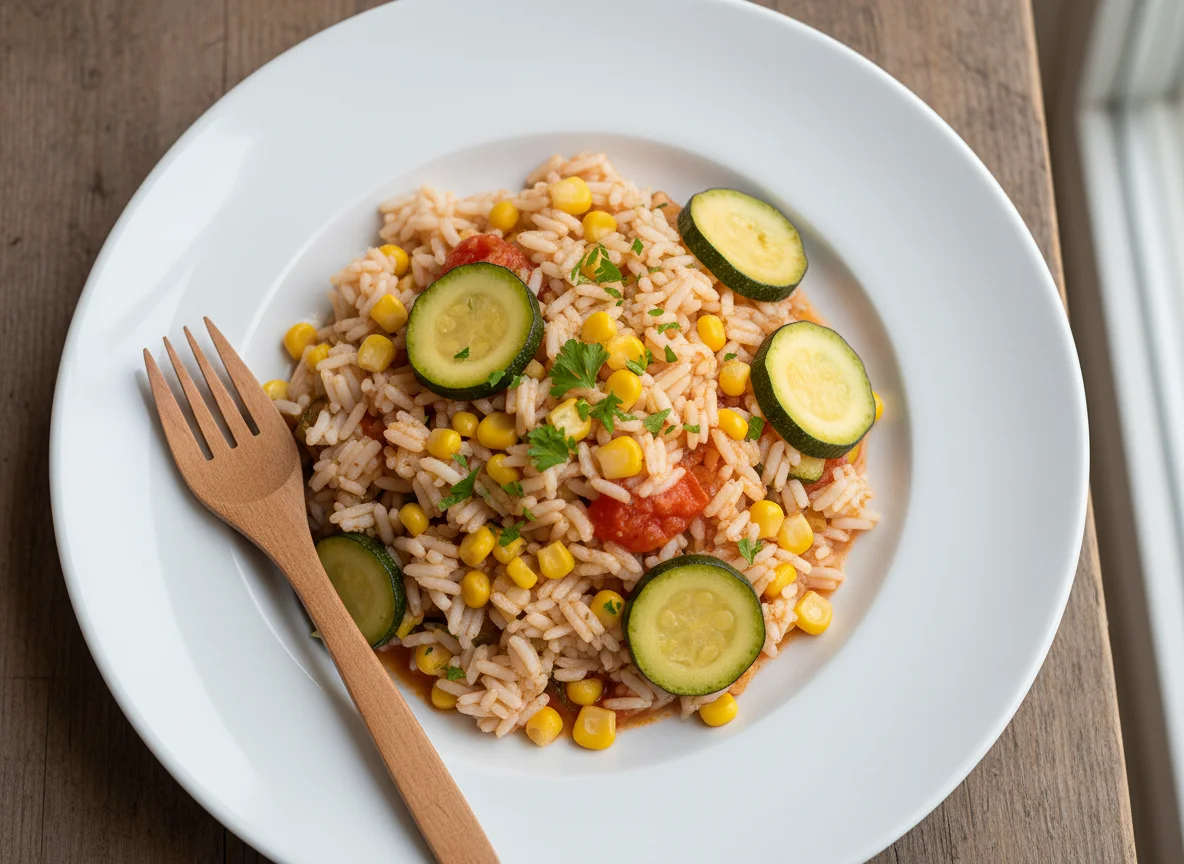 Reisgericht mit Mais und Zucchini photo