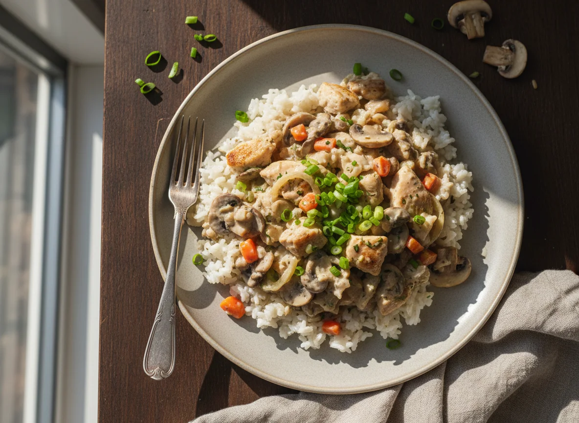Reisgericht mit Pilzen und Fleisch photo