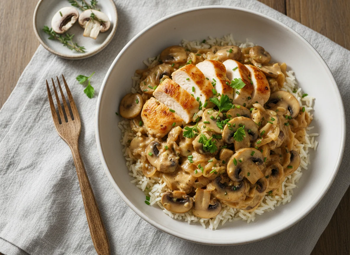 Reisgericht mit Pilzen und Hähnchen photo