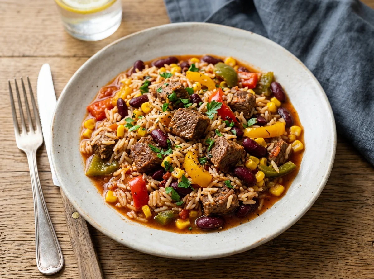 Reisgericht mit Rindfleisch und Gemüse photo