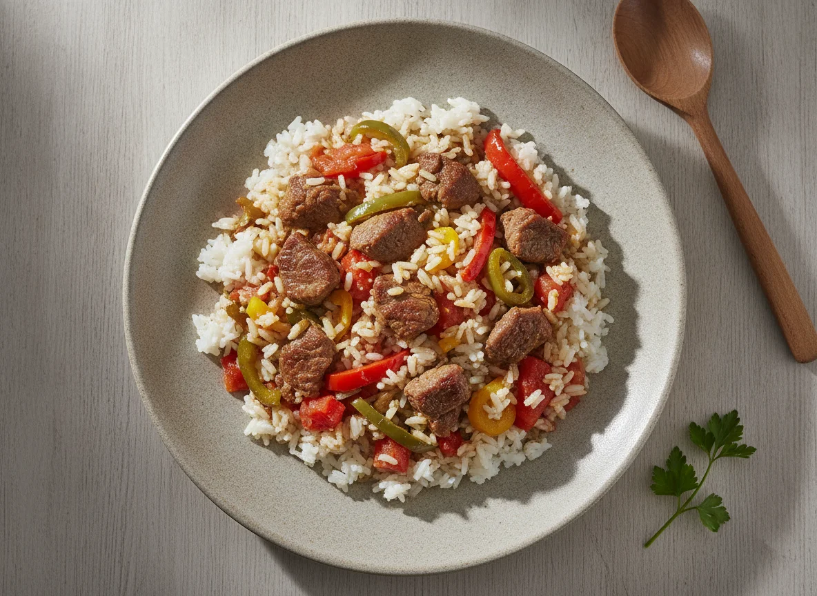 Reisgericht mit Rindfleisch und Paprika photo