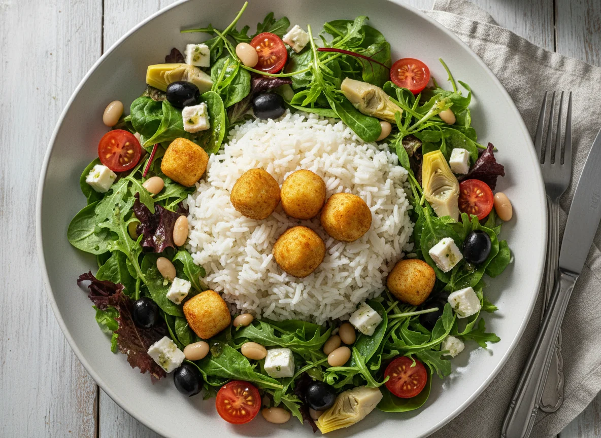 Reisgericht mit Salat und Kroketten photo