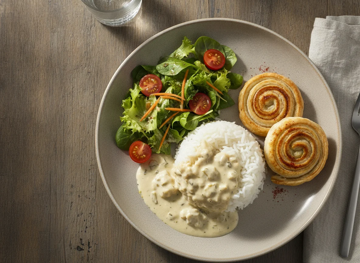 Reisgericht mit Sauce, Salat und Gebäck photo