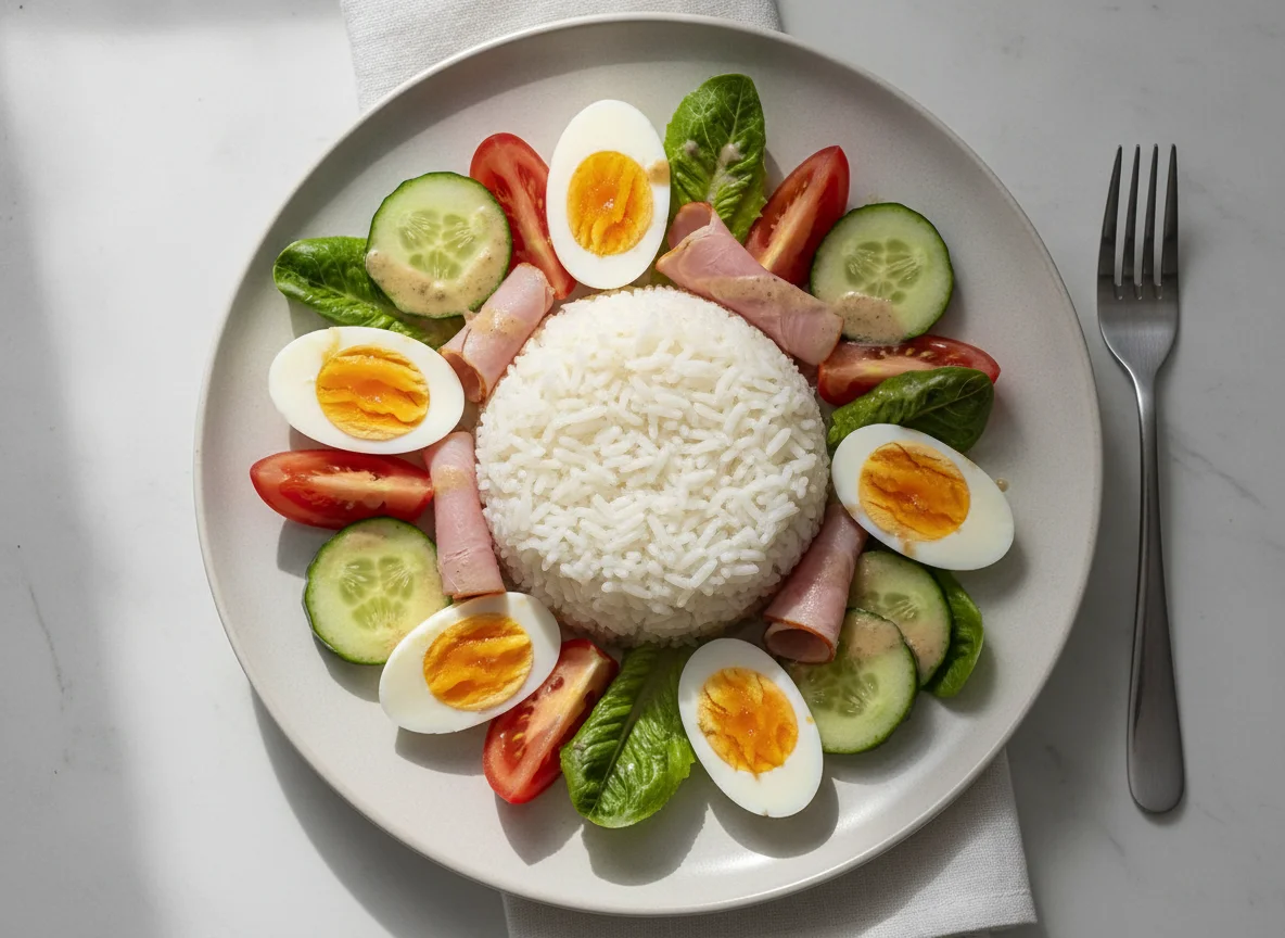 Reisgericht mit Schinken, Ei und Salat photo