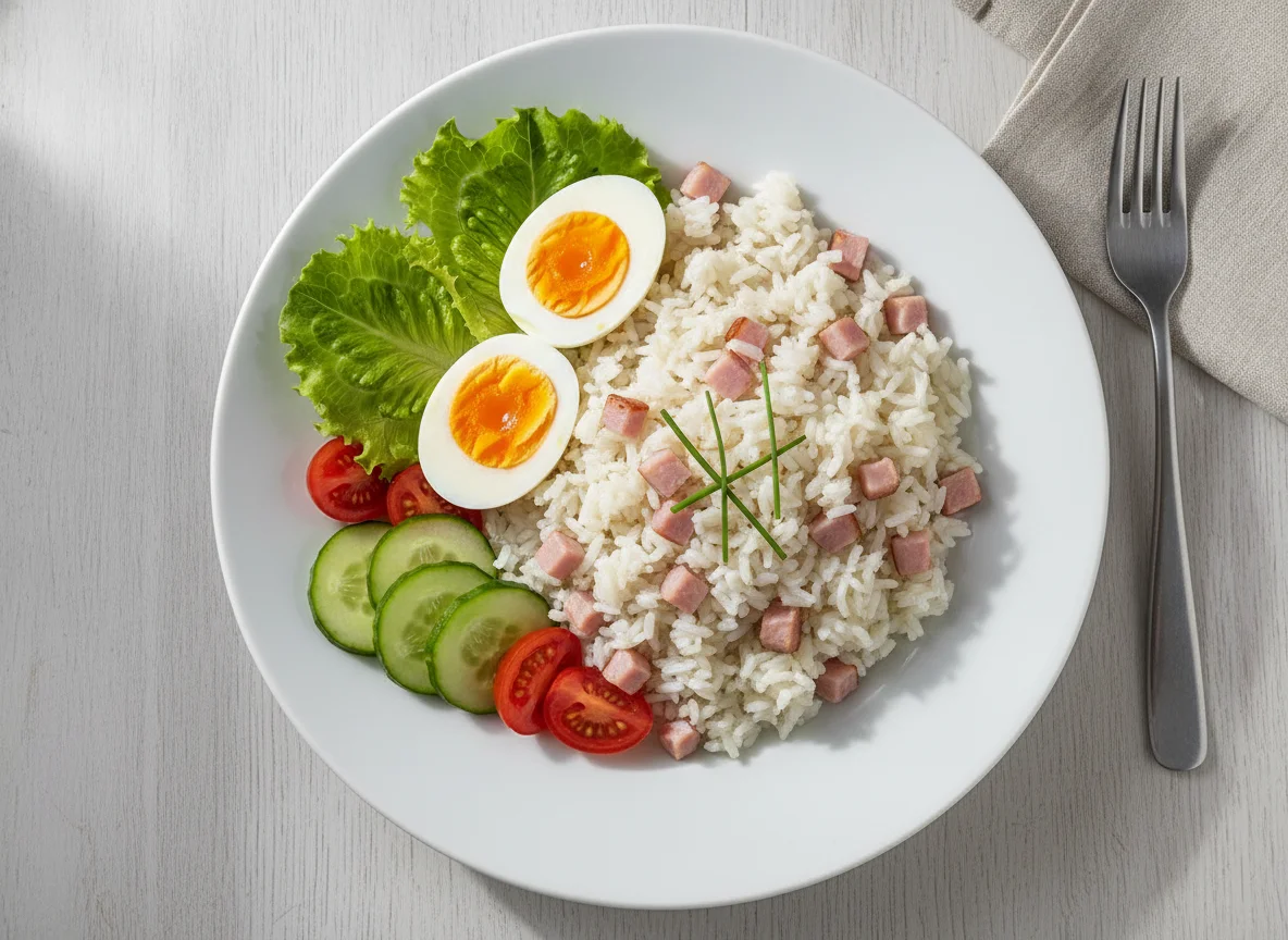 Reisgericht mit Schinken, Gemüse und Ei photo