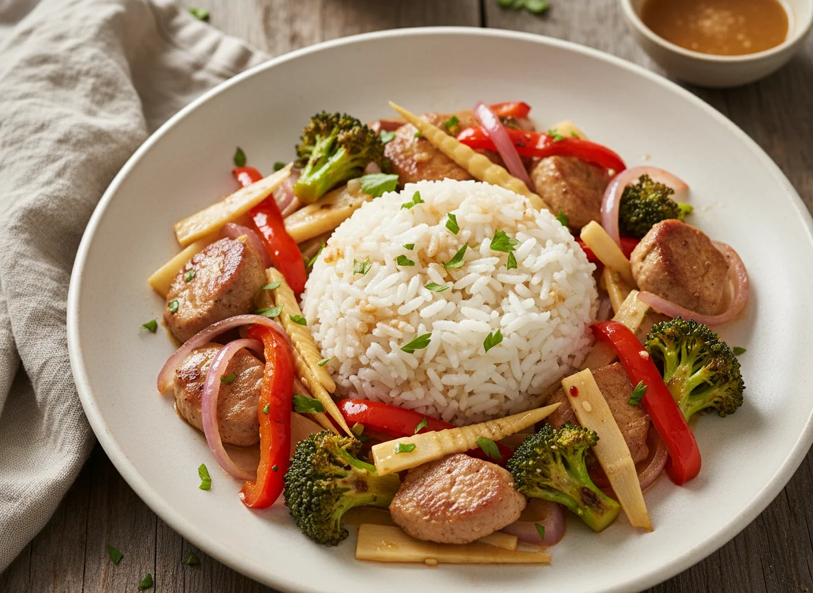 Reisgericht mit Schweinefleisch und Gemüse photo