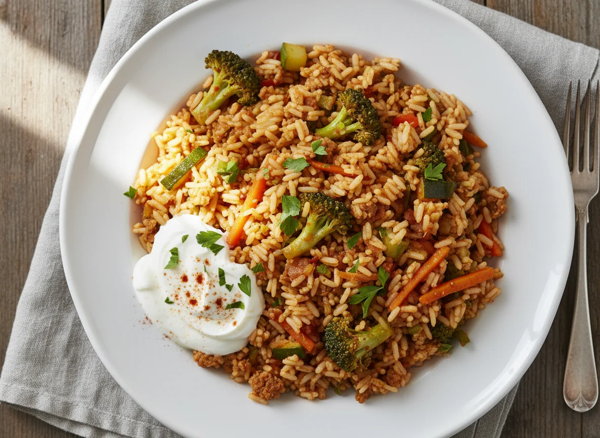 Reisgericht mit Veganem Hack und Gemüse photo