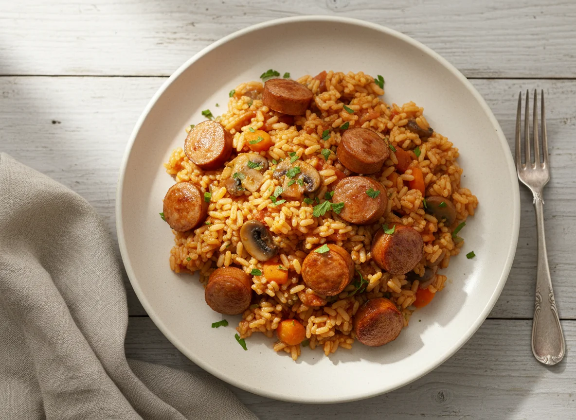 Reisgericht mit Würstchen photo