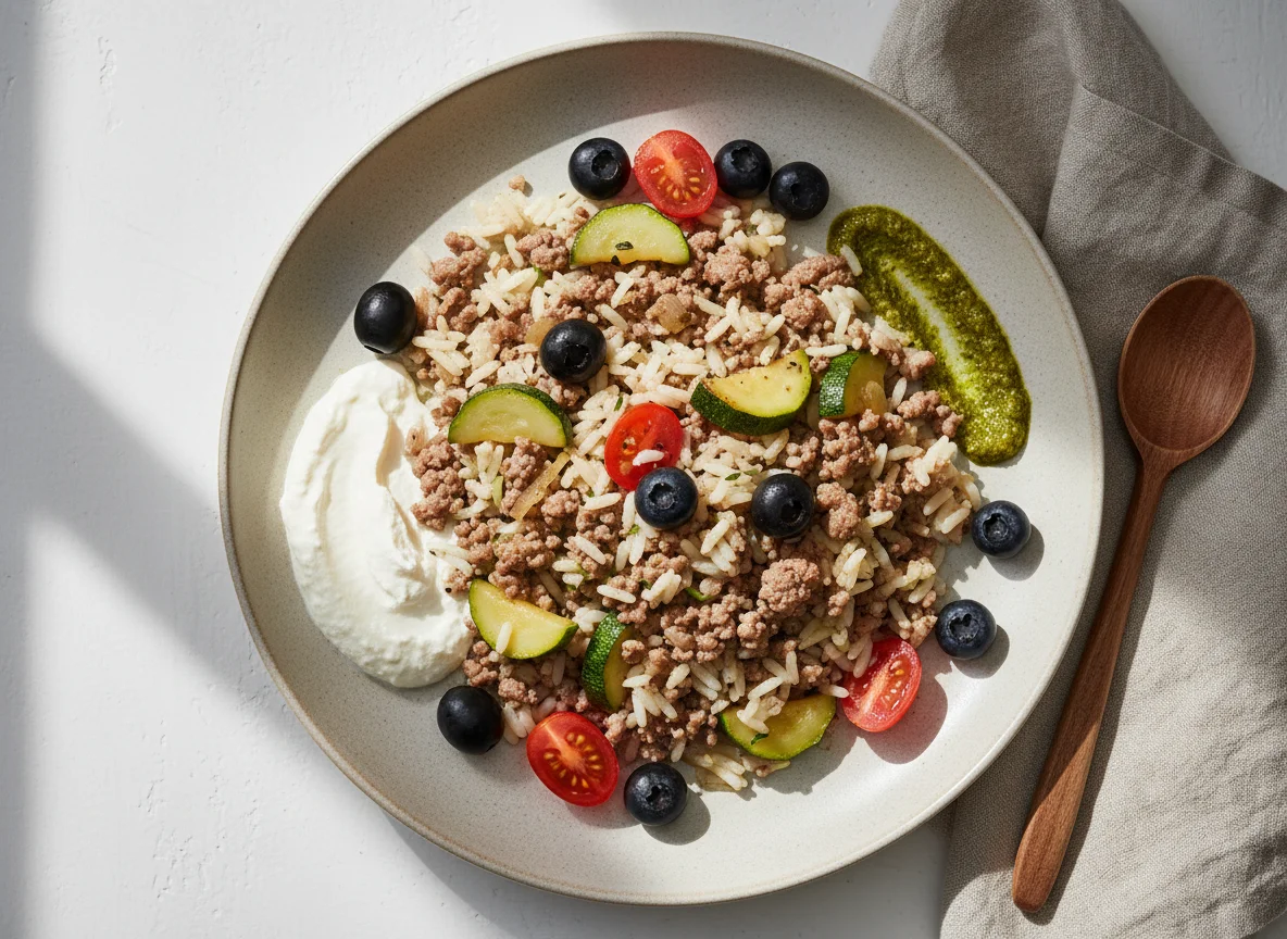 Reisgericht mit Zucchini, Hackfleisch und Beilagen photo
