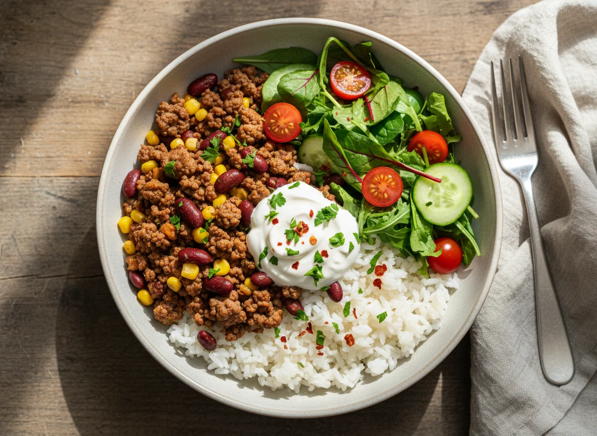 Reis-Hackfleisch-Bowl mit Salat und Bohnen photo