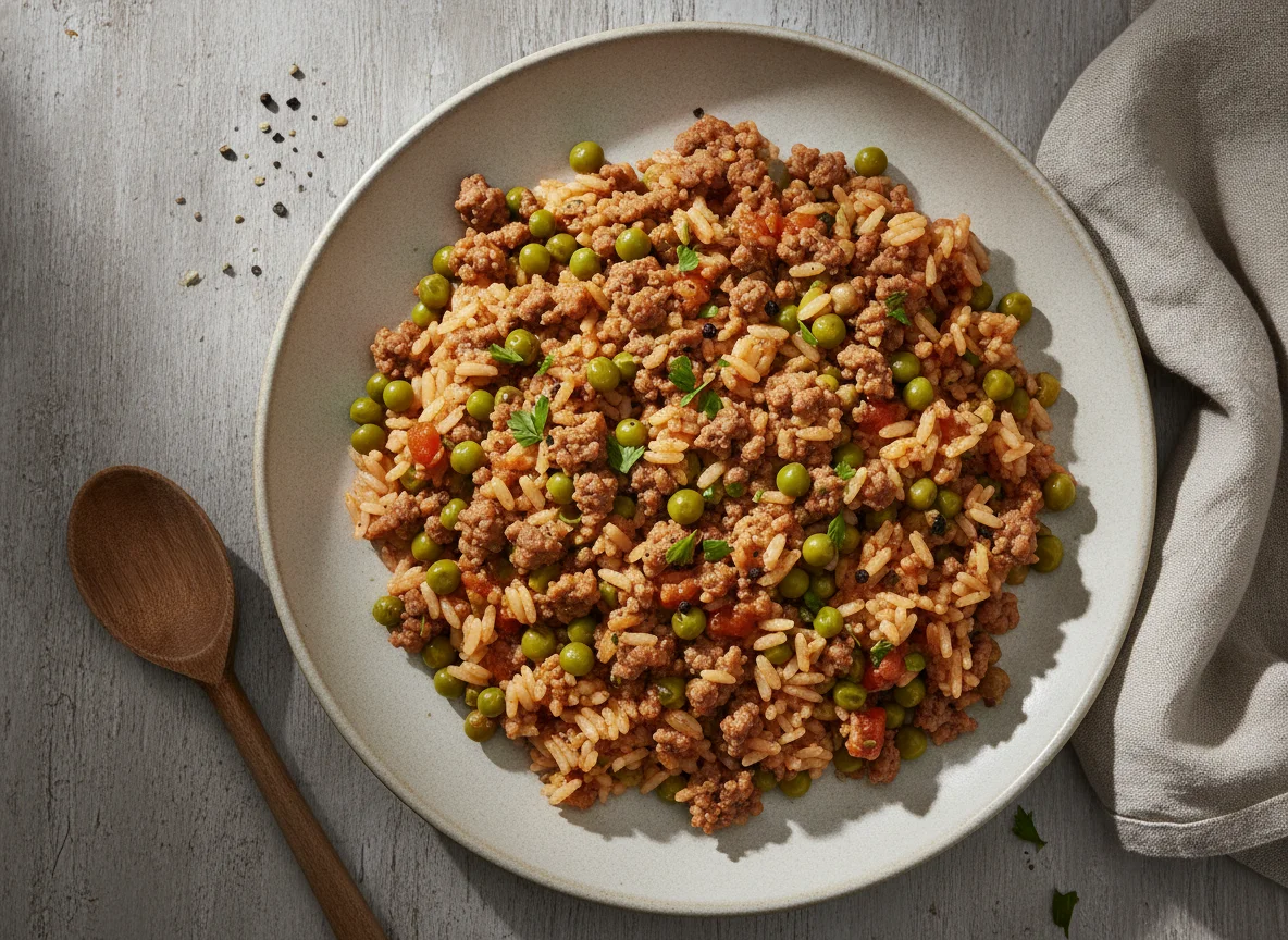 Reis-Hackfleisch-Pfanne mit Erbsen photo