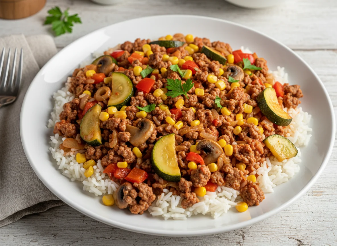 Reis-Hackfleisch-Pfanne mit Gemüse photo