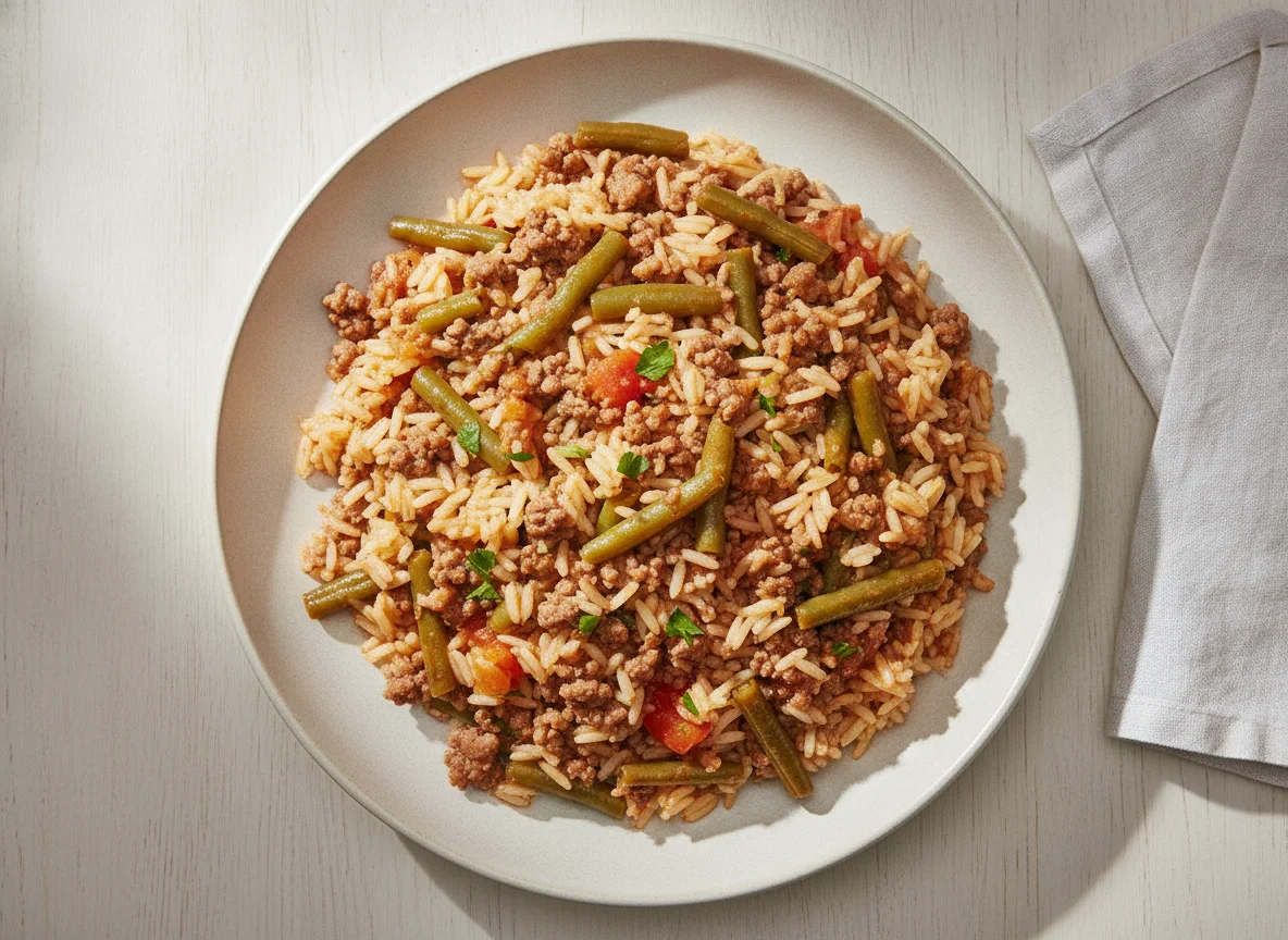 Reis-Hackfleisch-Pfanne mit grünen Bohnen photo
