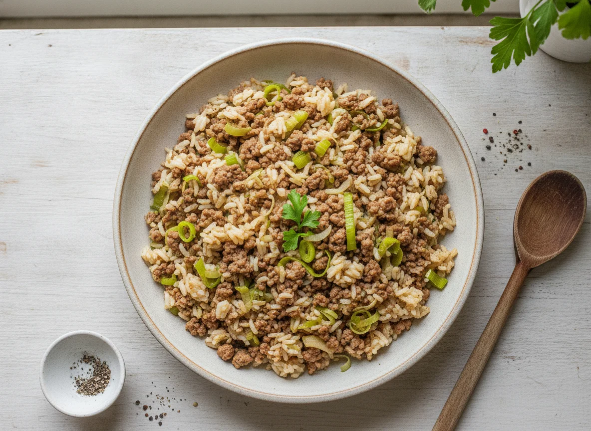 Reis-Hackfleisch-Pfanne mit Lauch photo