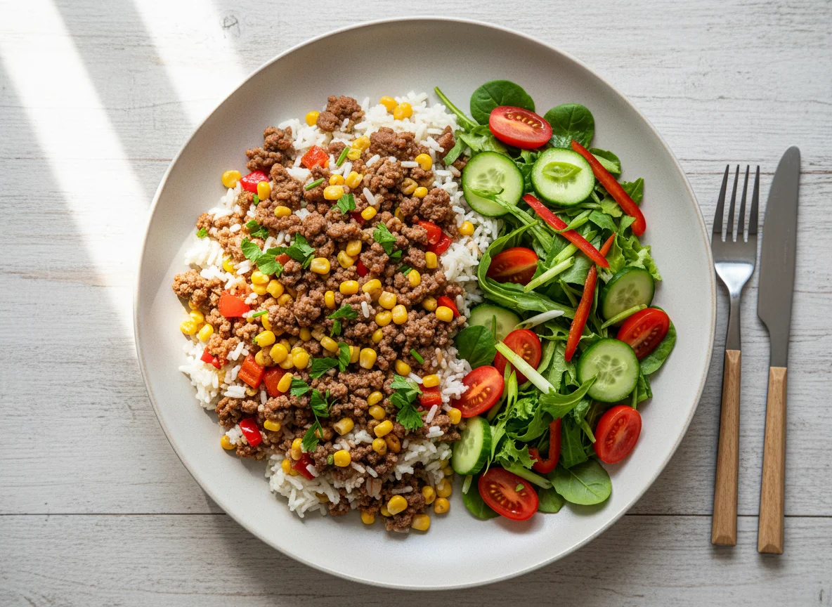 Reis-Hackfleisch-Pfanne mit Salat photo
