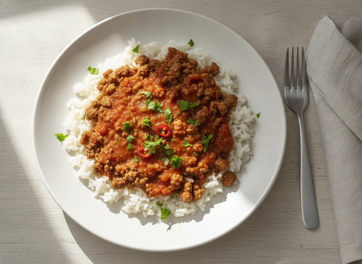 Reis-Hackfleisch-Pfanne mit Tomatensauce photo