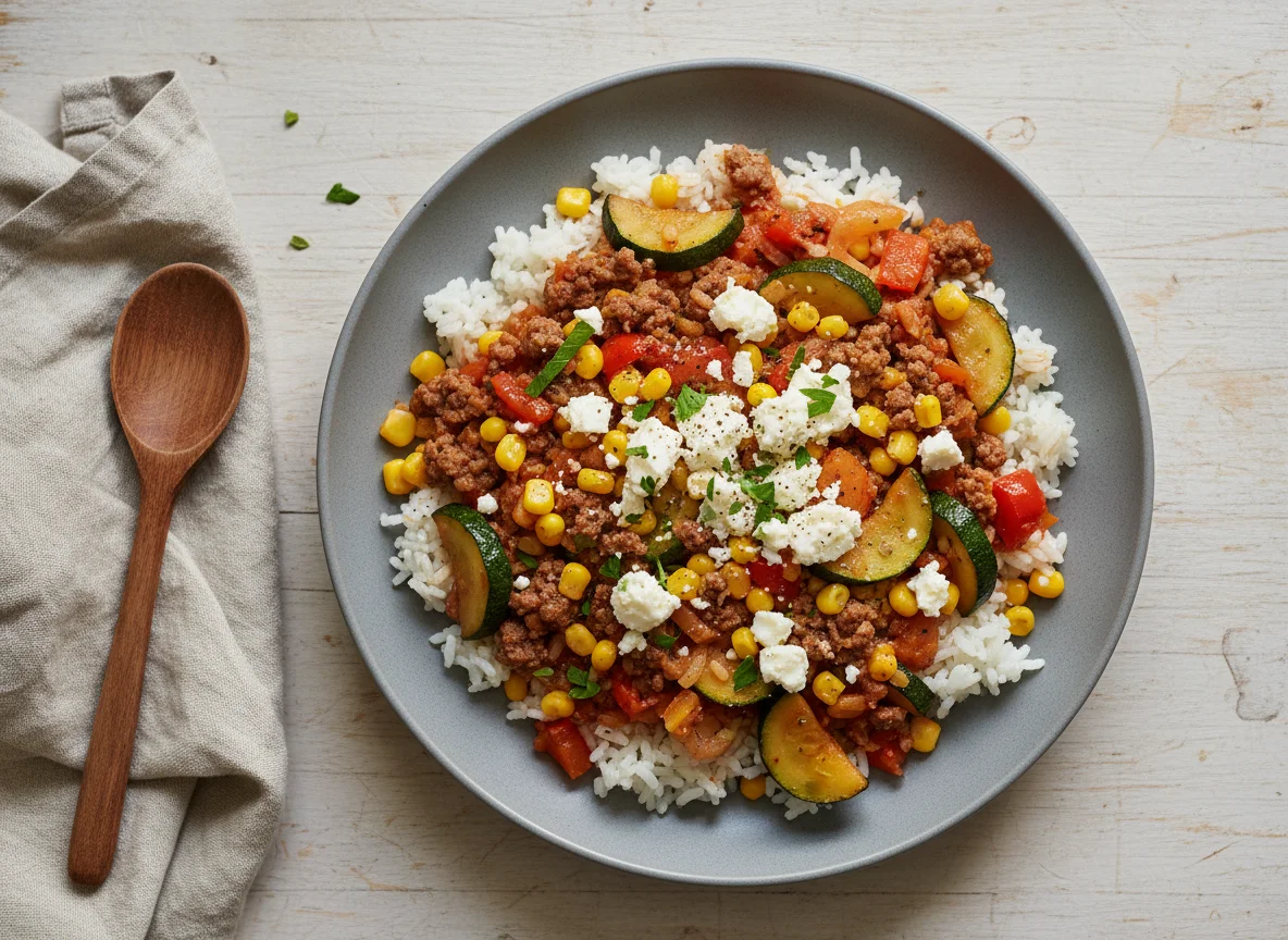 Reis-Hackfleisch-Pfanne mit Zucchini, Mais und Feta photo