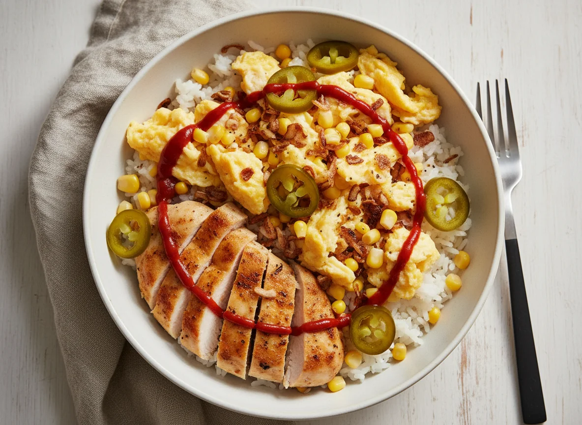 Reis-Hähnchen-Bowl mit Rührei und Jalapeños photo