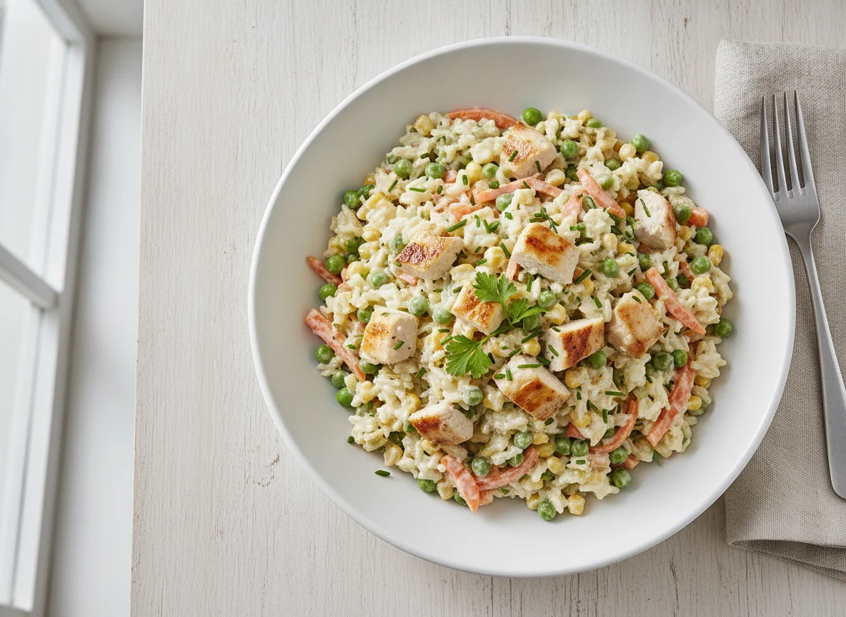 Reis-Hähnchen-Salat mit Erbsen, Mais und Karotten photo