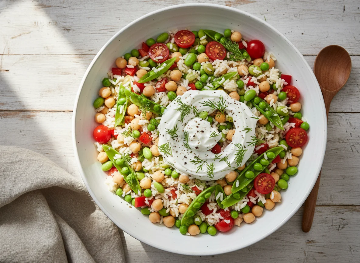 Reis-Kichererbsen-Salat mit Gemüse photo