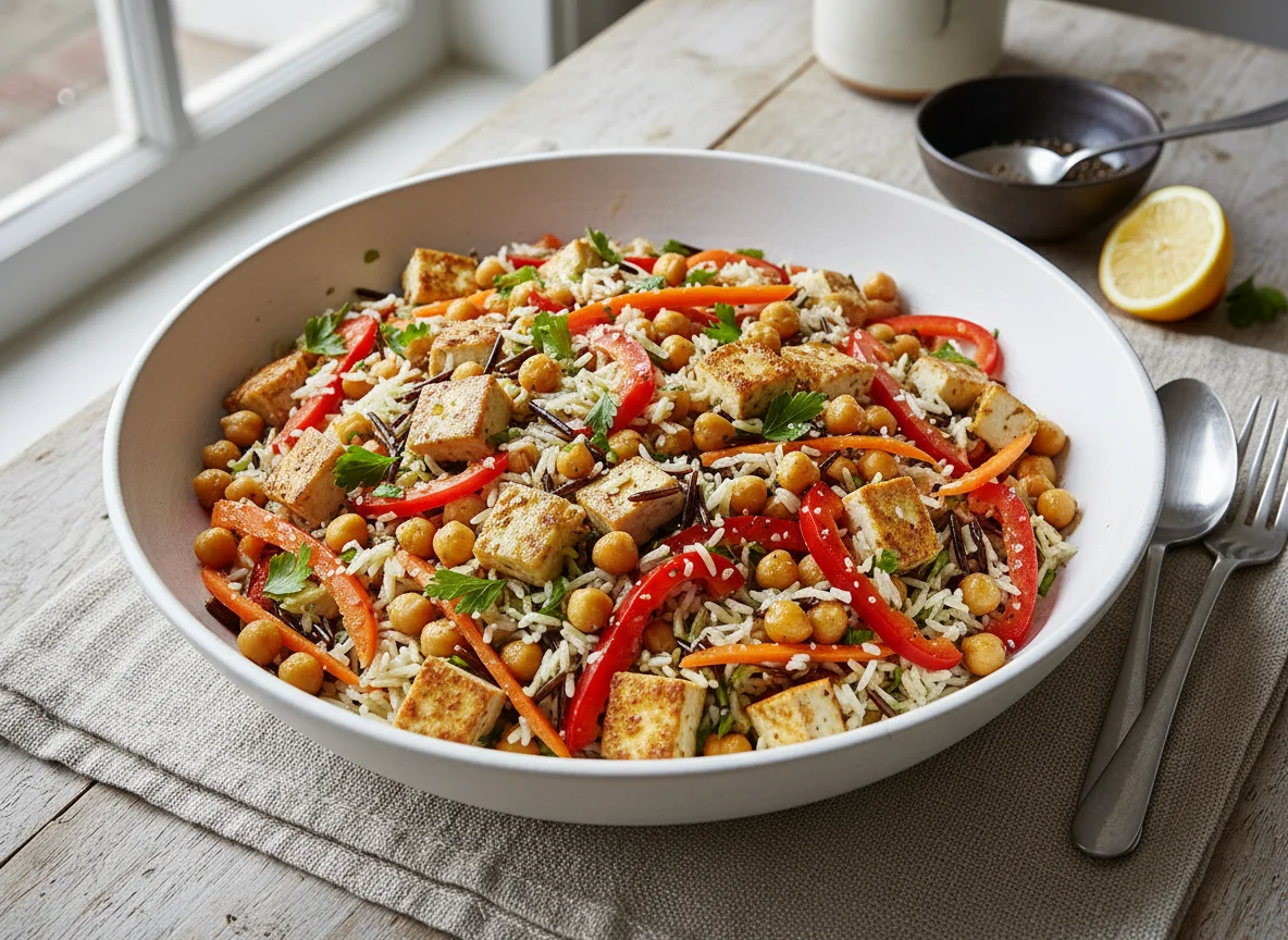 Reis-Kichererbsen-Salat mit Gemüse und Tofu photo
