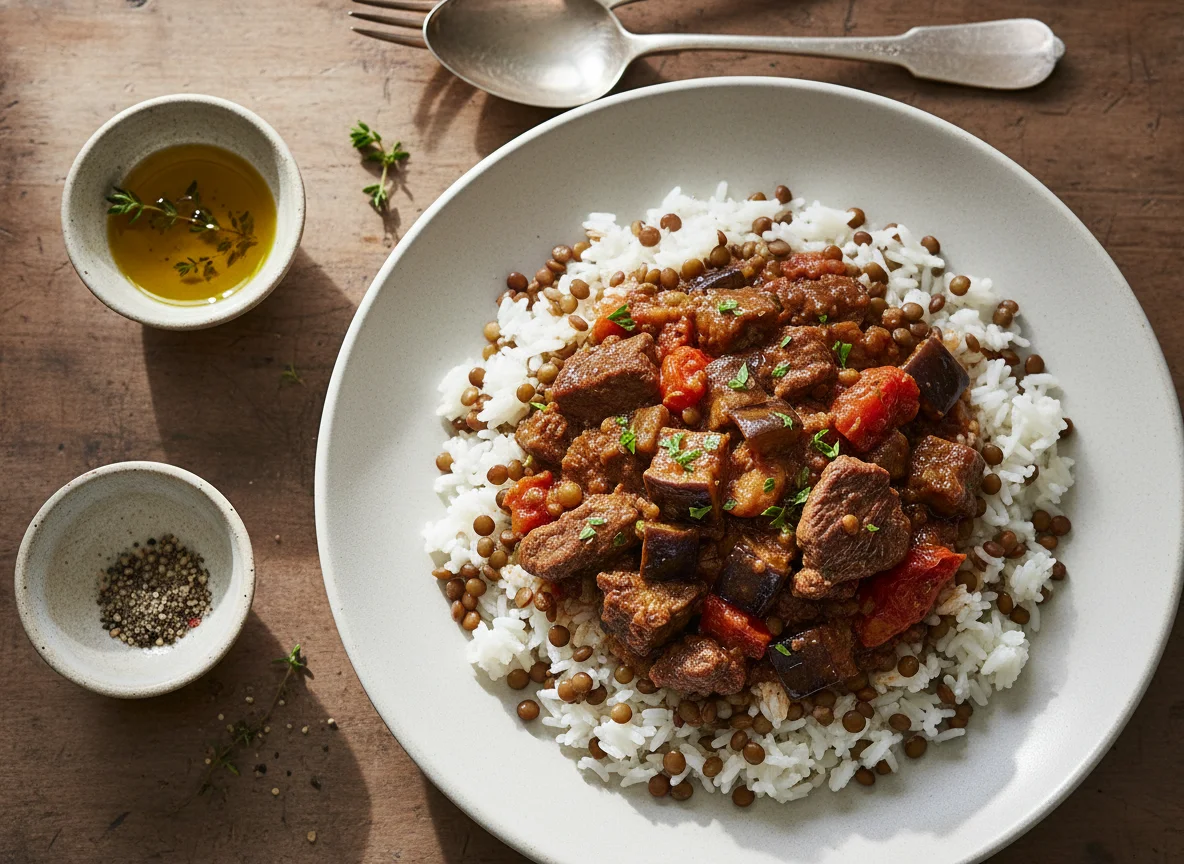 Reis-Linsen-Mischung mit Fleischragout photo