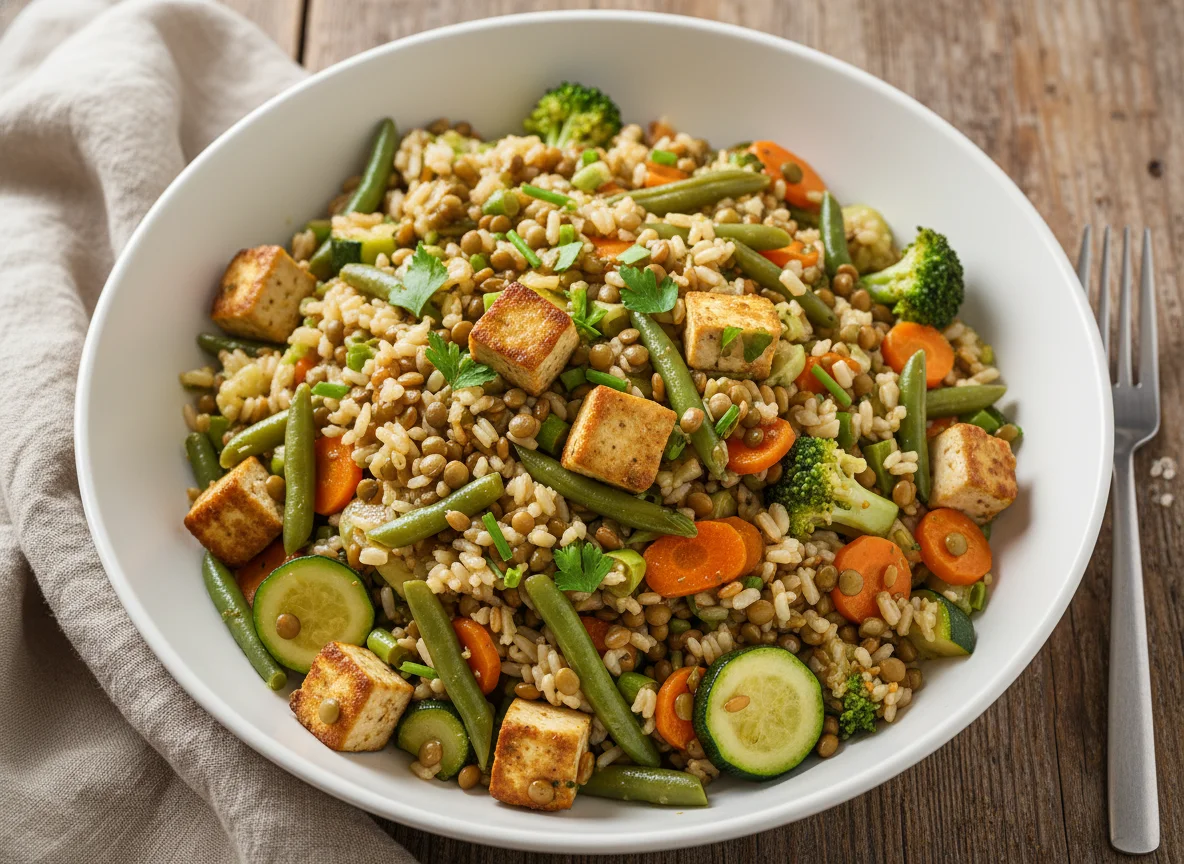 Reis-Linsen-Salat mit Tofu und Gemüse photo