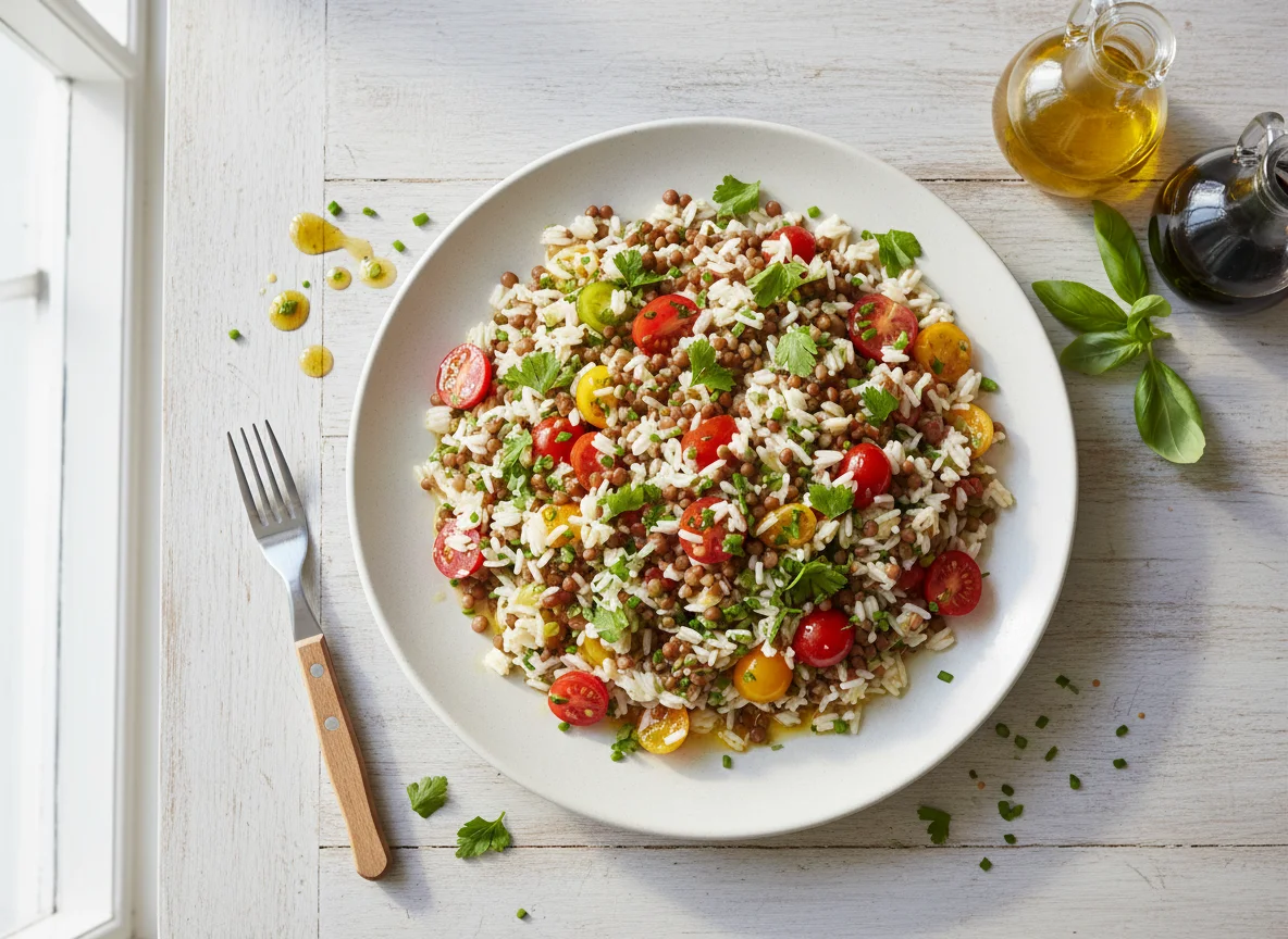 Reis-Linsen-Salat mit Tomaten photo