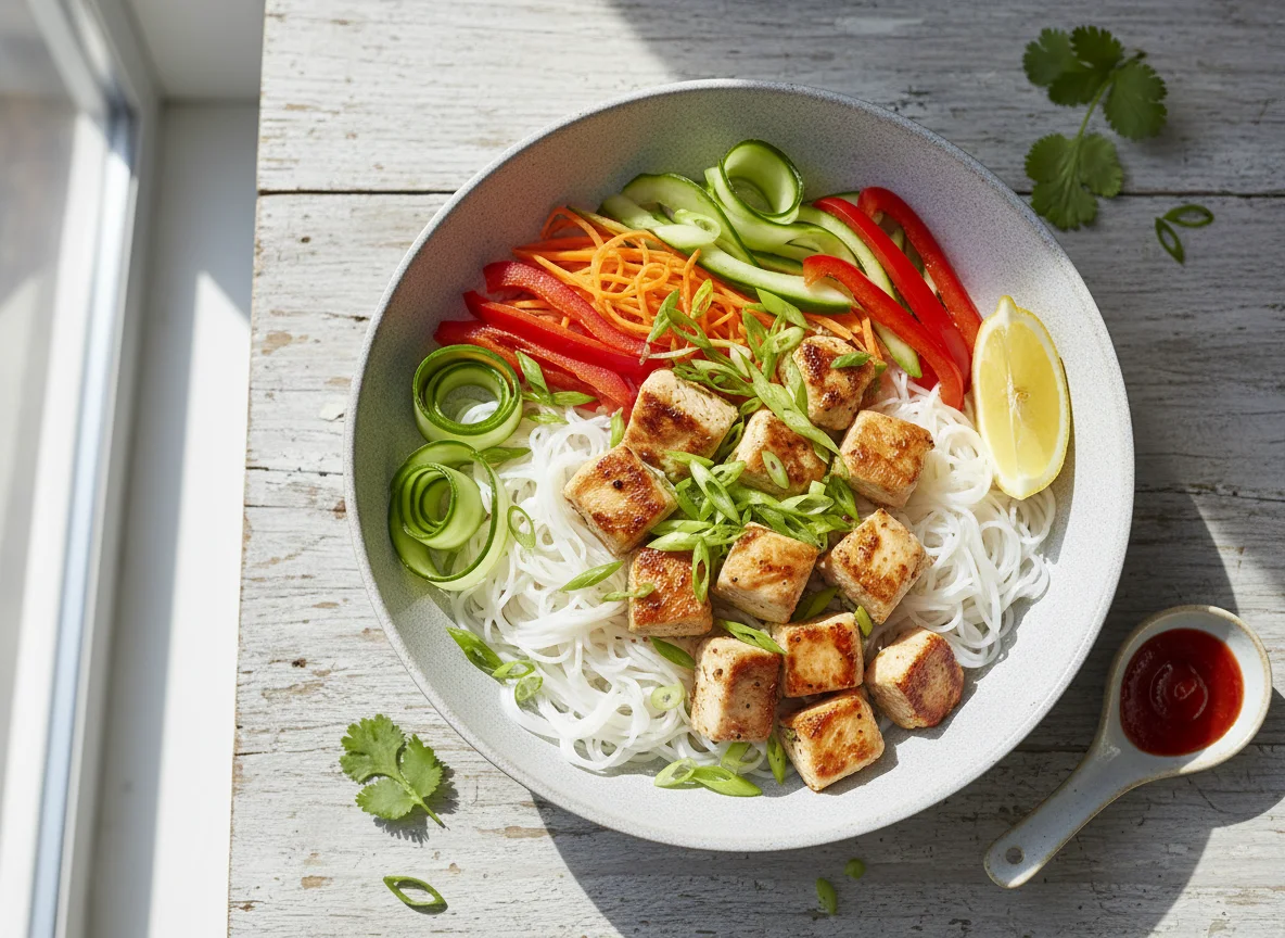 Reisnudel-Bowl mit Poulet und Gemüse photo