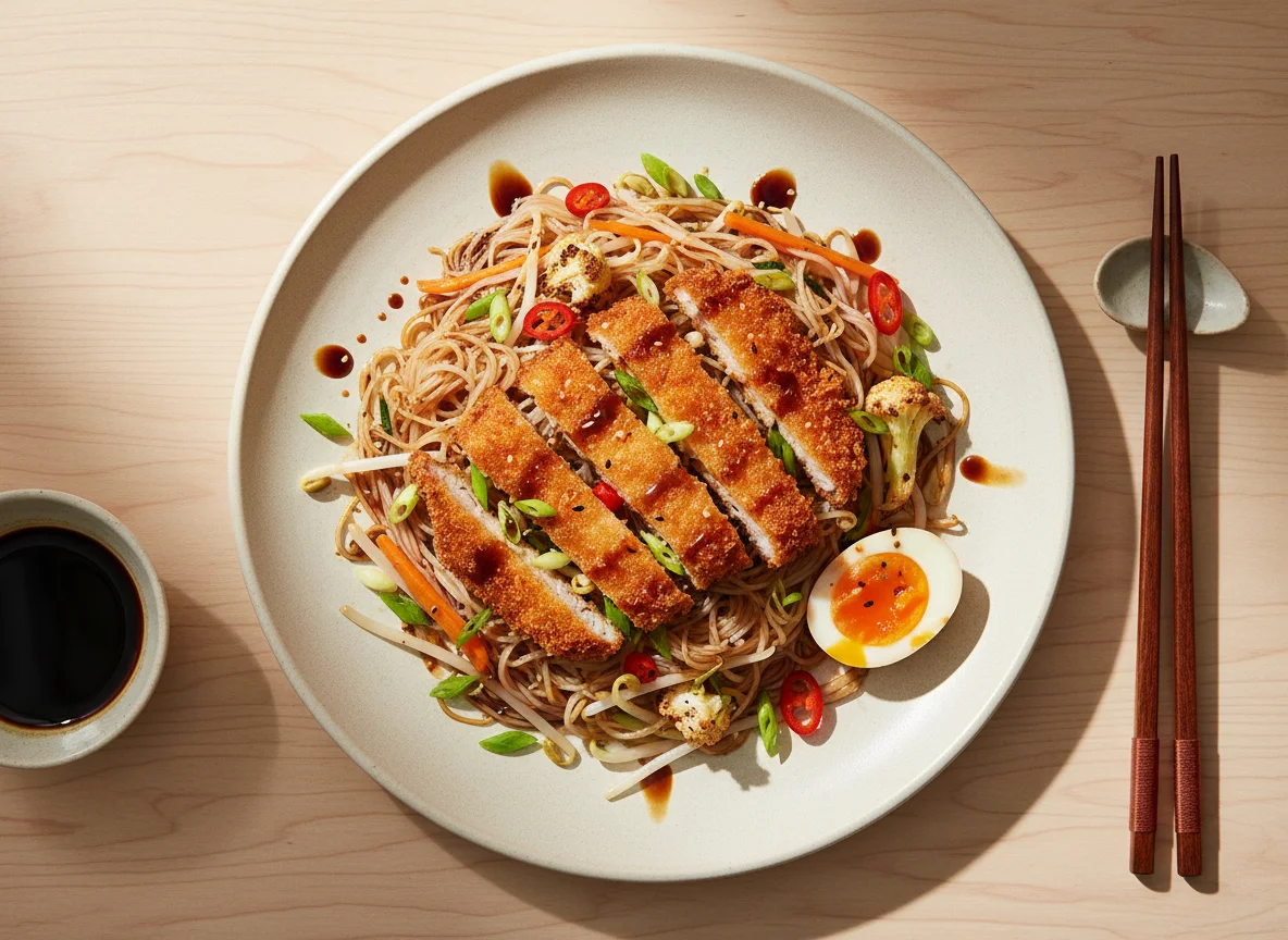 Reisnudelgericht mit paniertem Fleisch und Gemüse photo