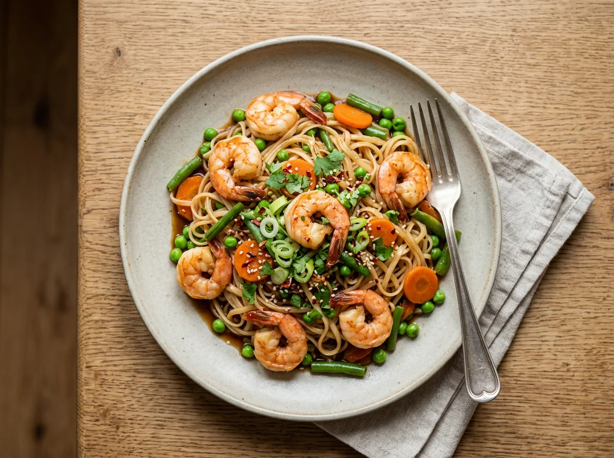 Reisnudeln mit Garnelen und Gemüse photo