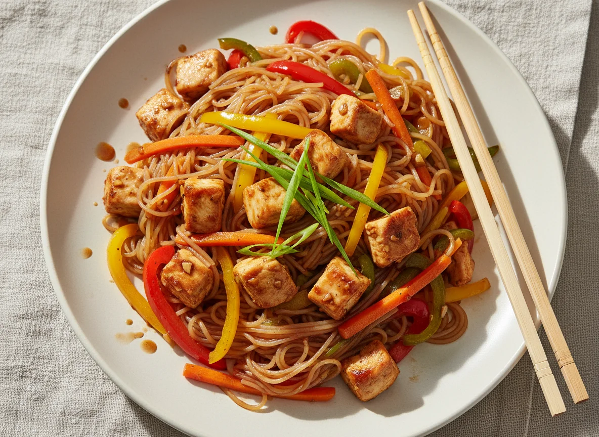 Reisnudeln mit Hähnchen und Gemüse photo