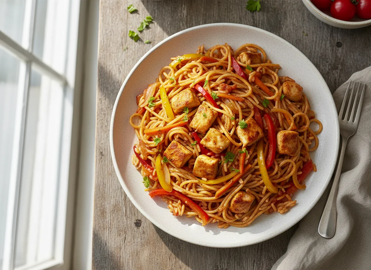 Reis-Nudel-Pfanne mit Gemüse und Fleisch photo