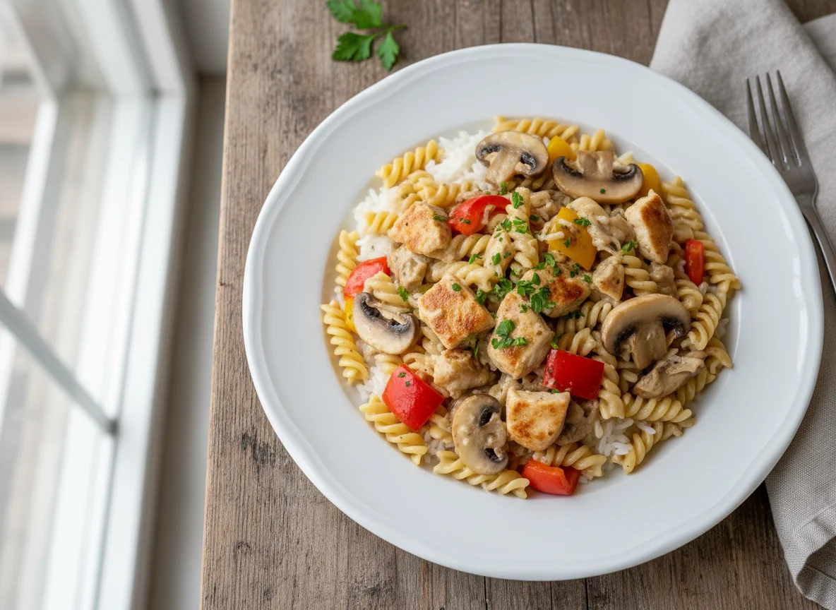 Reis-Nudel-Pfanne mit Gemüse und Pilzen photo