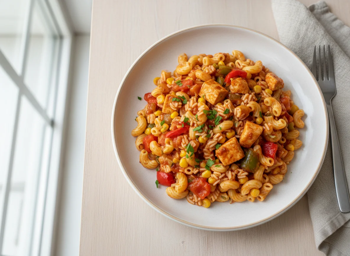 Reis-Nudel-Pfanne mit Huhn und Gemüse photo